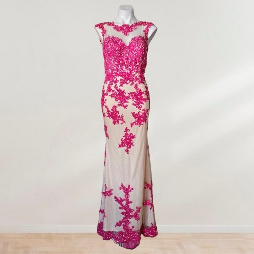 Hifashions Hot Pink Appliqué Illusion Evening Gown Size 12